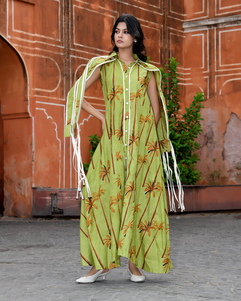 Green Cotton Tropical Print Cape Sleeve Maxi Dress