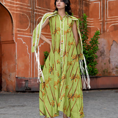 Green Cotton Tropical Print Cape Sleeve Maxi Dress