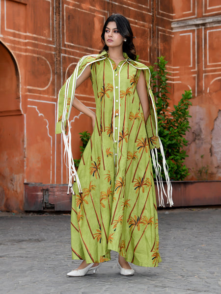 Green Cotton Tropical Print Cape Sleeve Maxi Dress