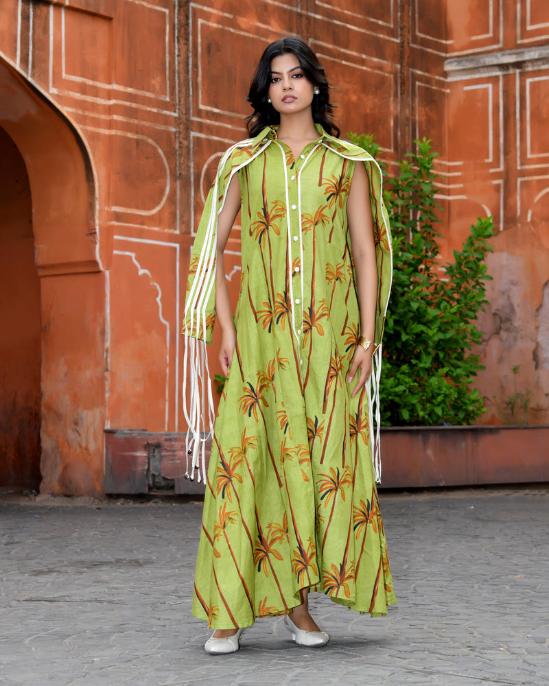 Green Cotton Tropical Print Cape Sleeve Maxi Dress