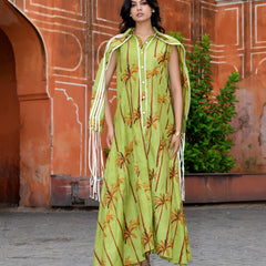 Green Cotton Tropical Print Cape Sleeve Maxi Dress