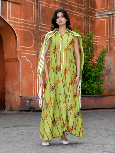 Green Cotton Tropical Print Cape Sleeve Maxi Dress