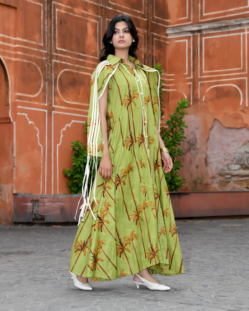 Green Cotton Tropical Print Cape Sleeve Maxi Dress