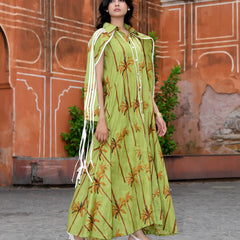 Green Cotton Tropical Print Cape Sleeve Maxi Dress