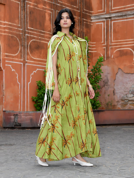 Green Cotton Tropical Print Cape Sleeve Maxi Dress