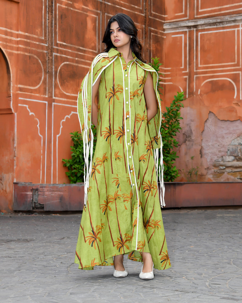 Green Cotton Tropical Print Cape Sleeve Maxi Dress