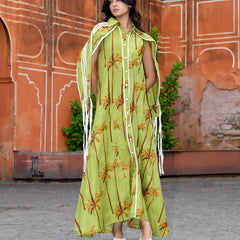Green Cotton Tropical Print Cape Sleeve Maxi Dress