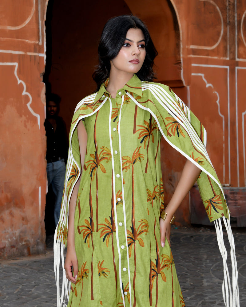 Green Cotton Tropical Print Cape Sleeve Maxi Dress