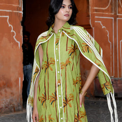 Green Cotton Tropical Print Cape Sleeve Maxi Dress