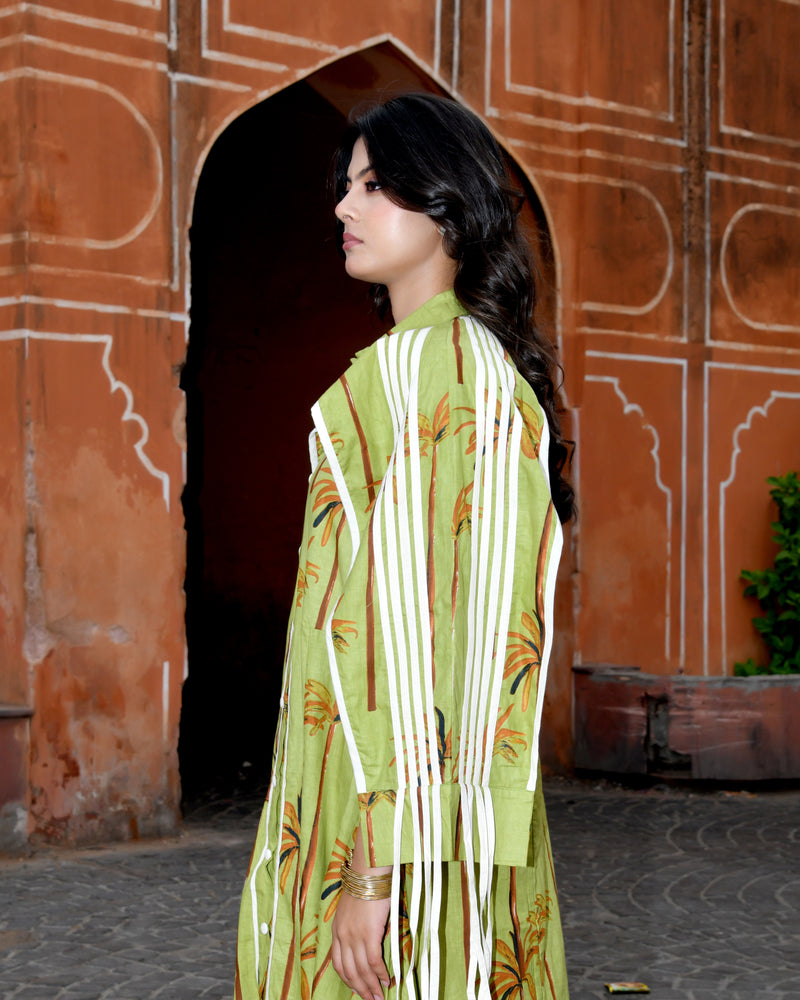 Green Cotton Tropical Print Cape Sleeve Maxi Dress