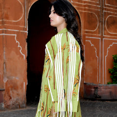 Green Cotton Tropical Print Cape Sleeve Maxi Dress