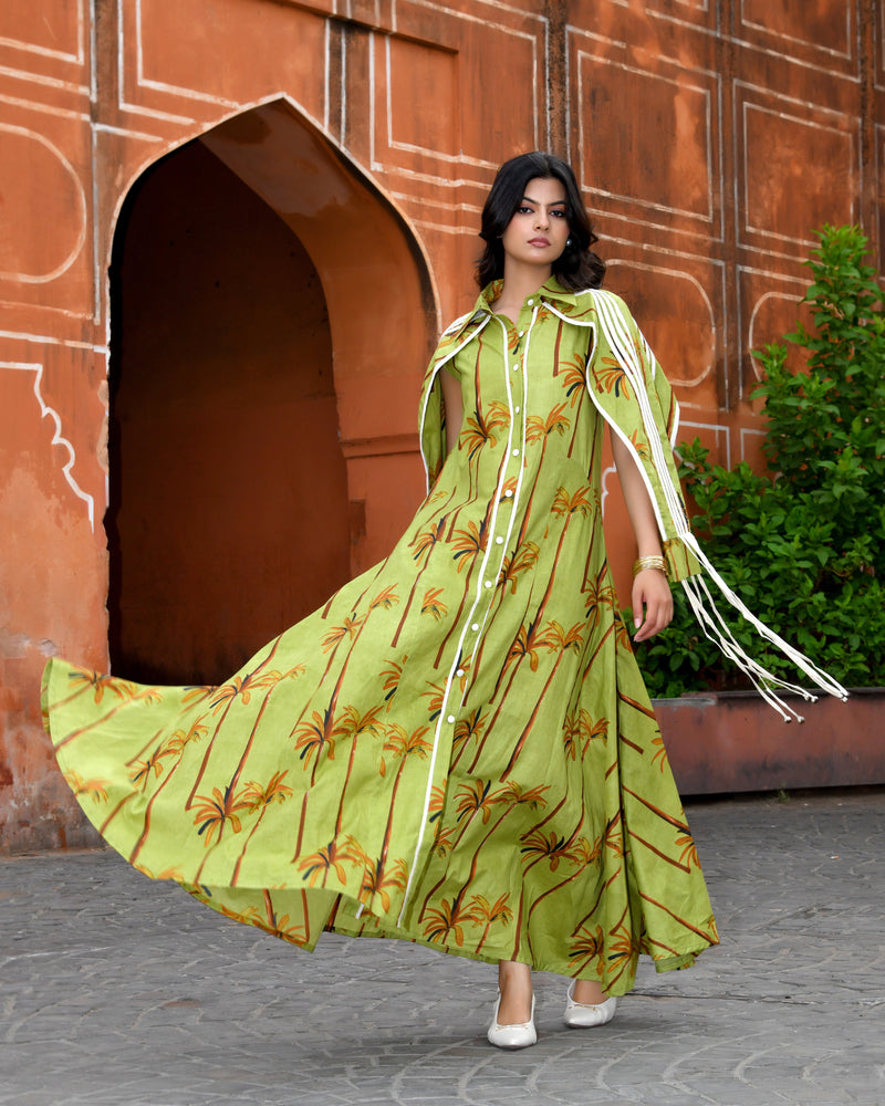 Green Cotton Tropical Print Cape Sleeve Maxi Dress