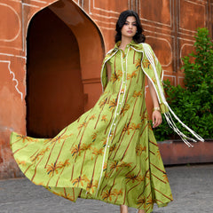 Green Cotton Tropical Print Cape Sleeve Maxi Dress