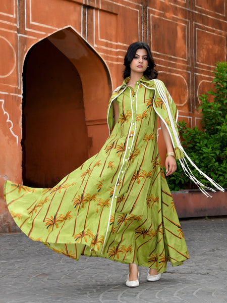 Green Cotton Tropical Print Cape Sleeve Maxi Dress