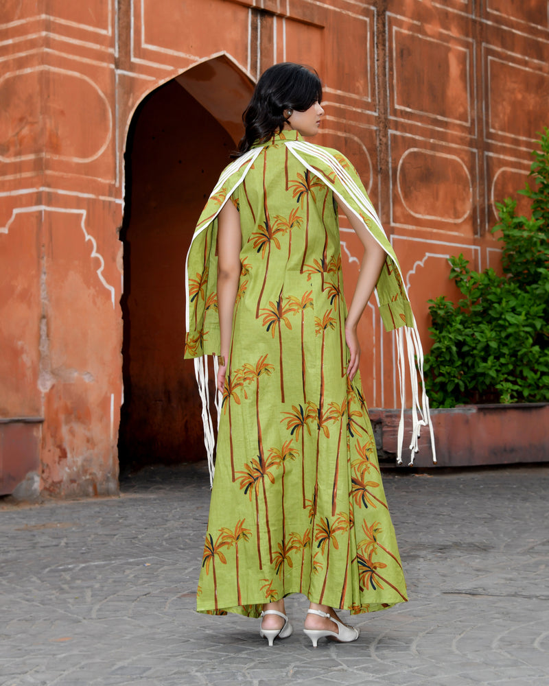 Green Cotton Tropical Print Cape Sleeve Maxi Dress