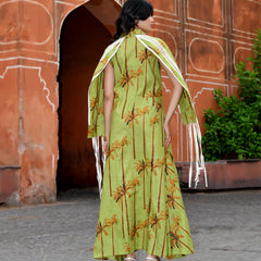 Green Cotton Tropical Print Cape Sleeve Maxi Dress