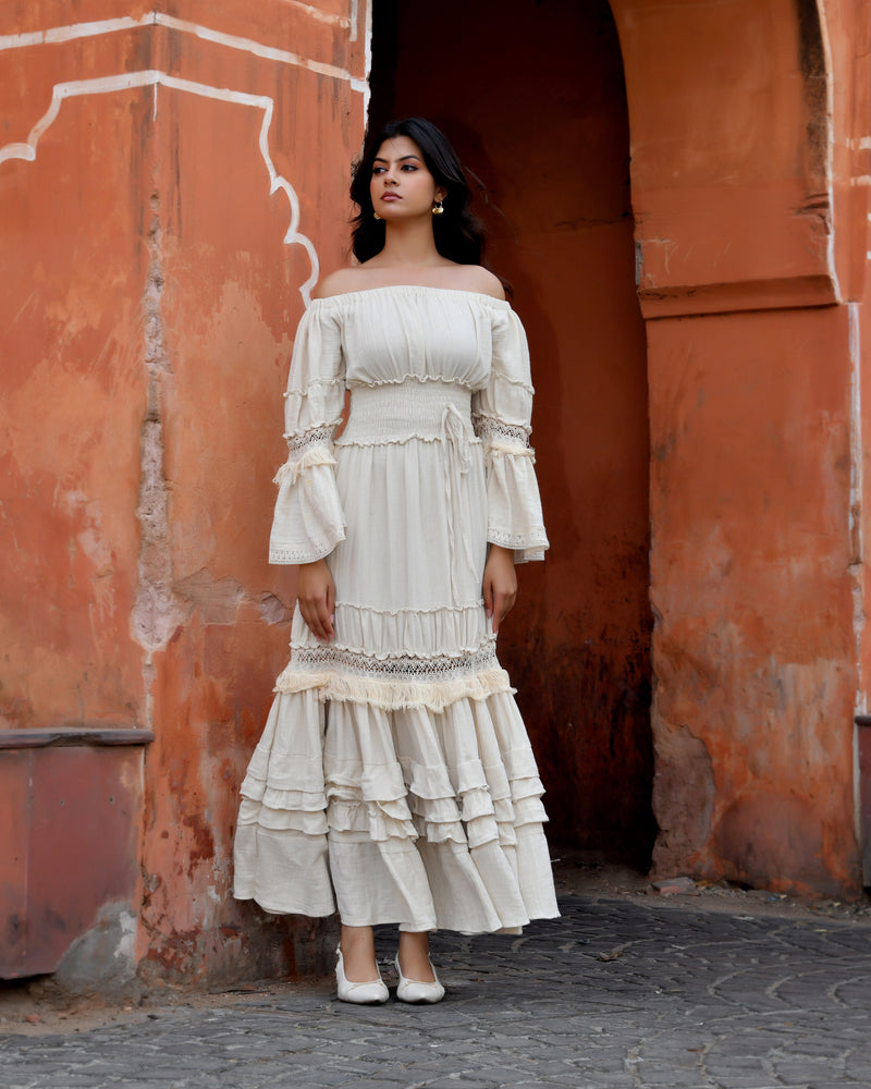 Off-Shoulder Handloom Cotton Tiered Maxi Dress