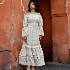 Off-Shoulder Handloom Cotton Tiered Maxi Dress
