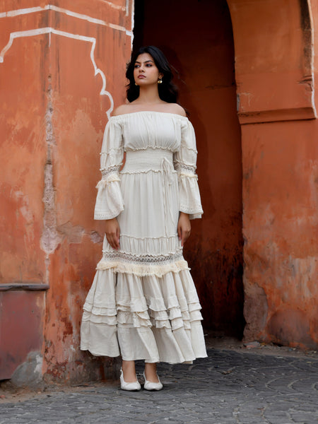 Off-Shoulder Handloom Cotton Tiered Maxi Dress