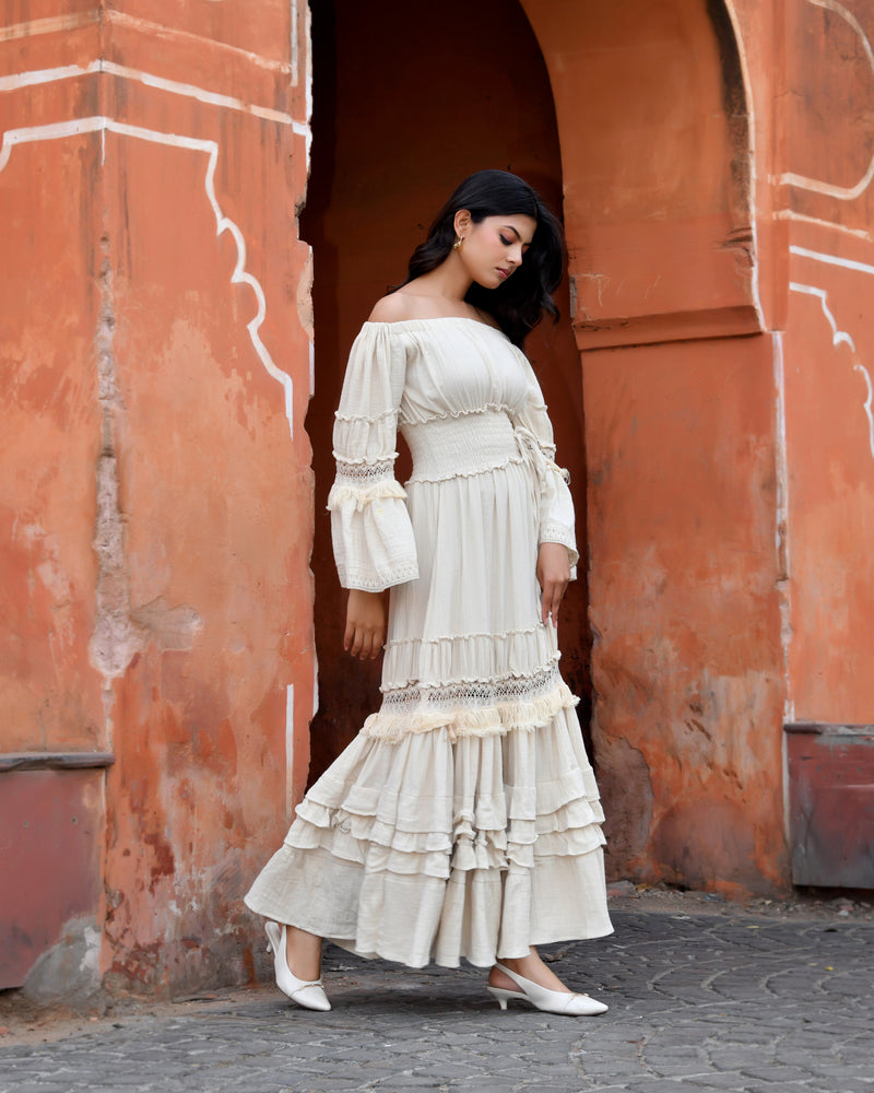 Off-Shoulder Handloom Cotton Tiered Maxi Dress