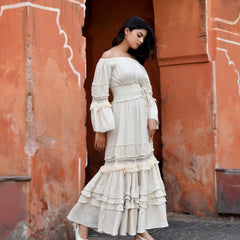 Off-Shoulder Handloom Cotton Tiered Maxi Dress