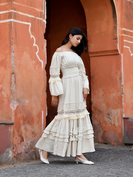Off-Shoulder Handloom Cotton Tiered Maxi Dress