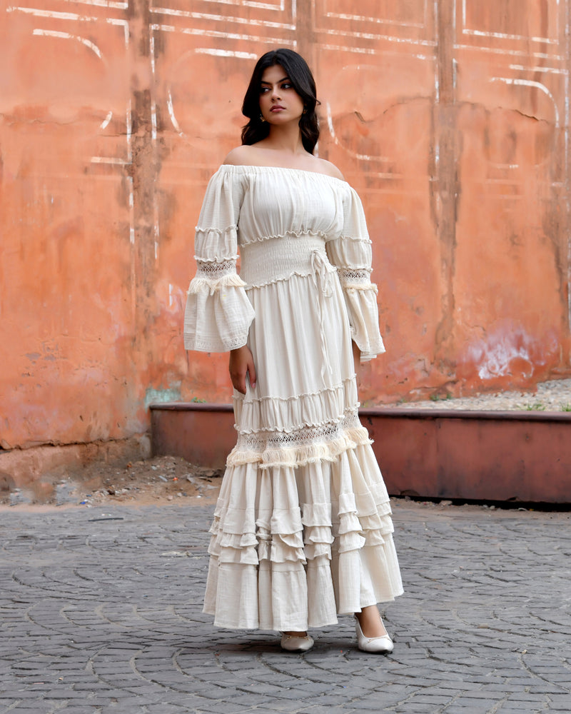 Off-Shoulder Handloom Cotton Tiered Maxi Dress