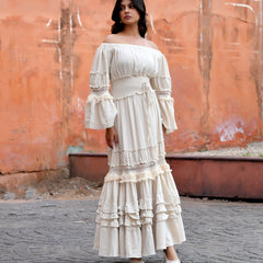 Off-Shoulder Handloom Cotton Tiered Maxi Dress