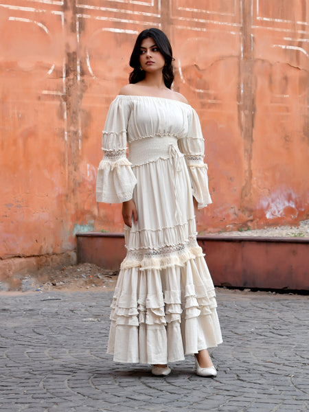 Off-Shoulder Handloom Cotton Tiered Maxi Dress