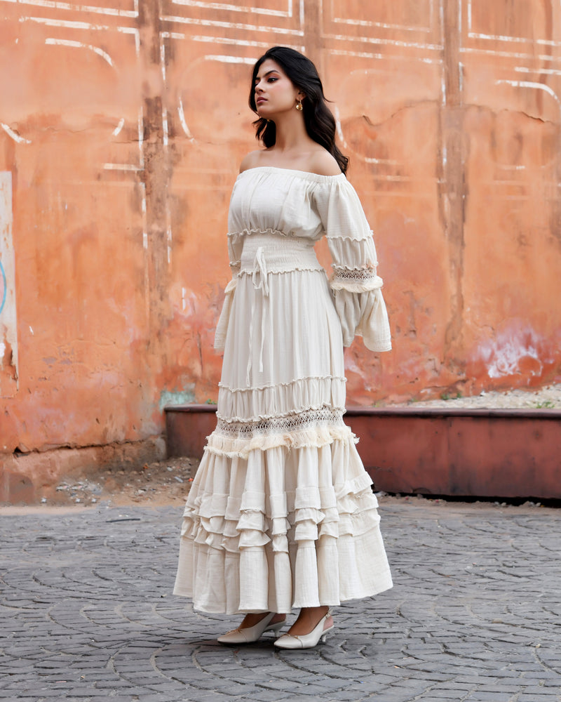 Off-Shoulder Handloom Cotton Tiered Maxi Dress