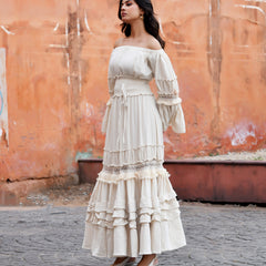 Off-Shoulder Handloom Cotton Tiered Maxi Dress