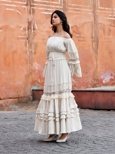 Off-Shoulder Handloom Cotton Tiered Maxi Dress