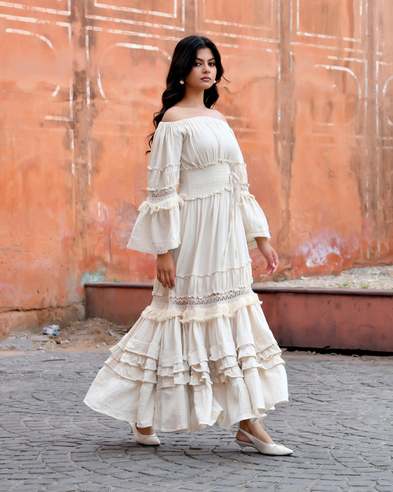 Off-Shoulder Handloom Cotton Tiered Maxi Dress