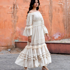 Off-Shoulder Handloom Cotton Tiered Maxi Dress
