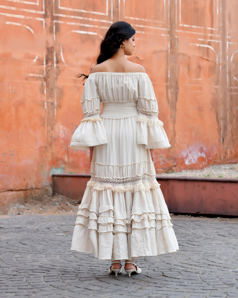 Off-Shoulder Handloom Cotton Tiered Maxi Dress