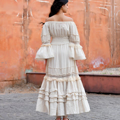 Off-Shoulder Handloom Cotton Tiered Maxi Dress