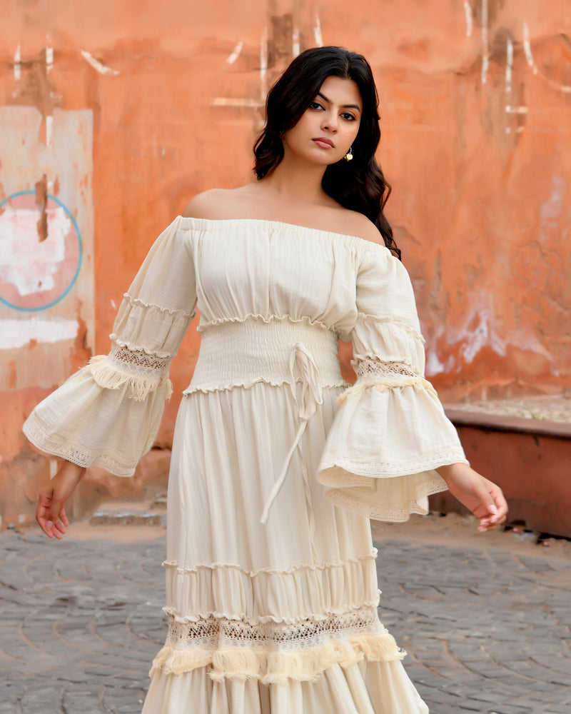 Off-Shoulder Handloom Cotton Tiered Maxi Dress