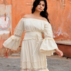 Off-Shoulder Handloom Cotton Tiered Maxi Dress