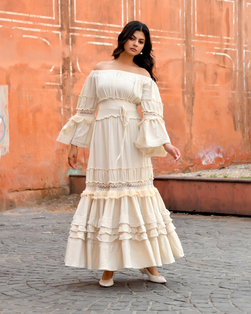 Off-Shoulder Handloom Cotton Tiered Maxi Dress