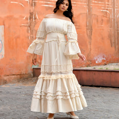 Off-Shoulder Handloom Cotton Tiered Maxi Dress