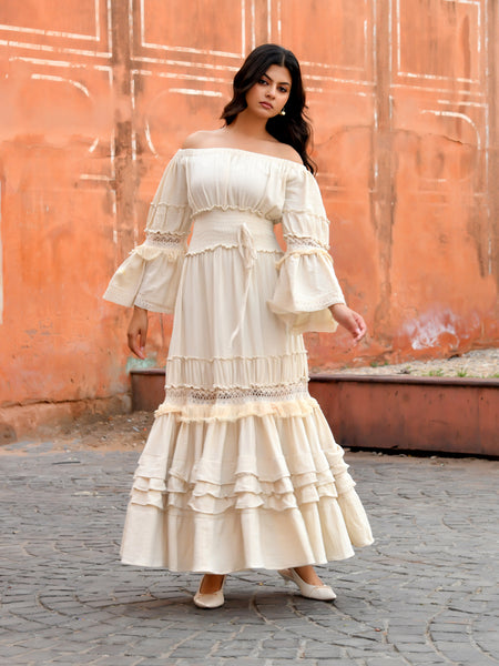 Off-Shoulder Handloom Cotton Tiered Maxi Dress