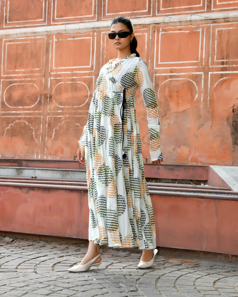 Multicolor Cotton Printed Wrap Calf-Length Dress