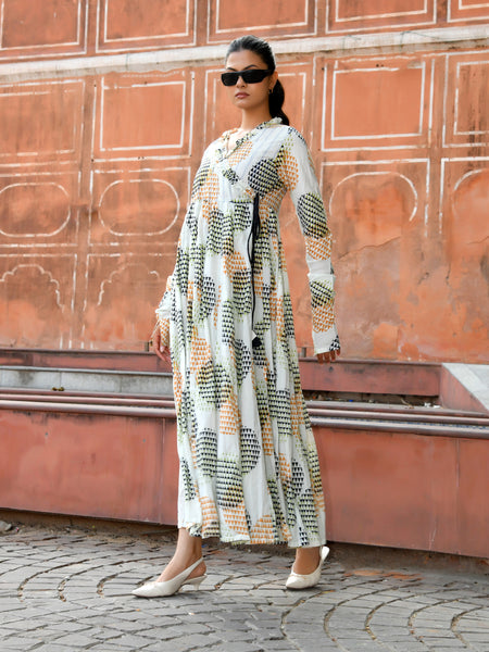 Multicolor Cotton Printed Wrap Calf-Length Dress