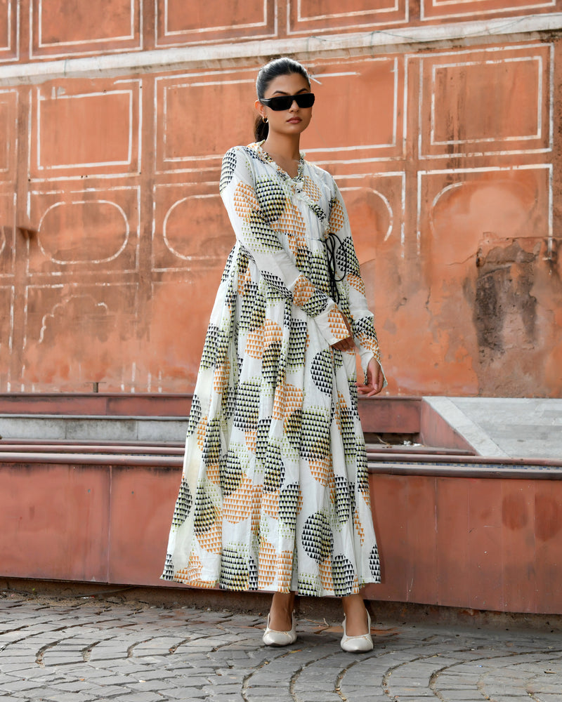 Multicolor Cotton Printed Wrap Calf-Length Dress
