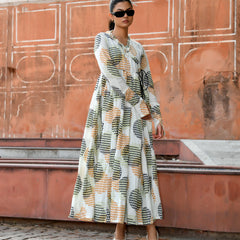 Multicolor Cotton Printed Wrap Calf-Length Dress