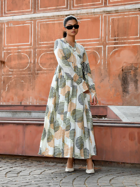 Multicolor Cotton Printed Wrap Calf-Length Dress