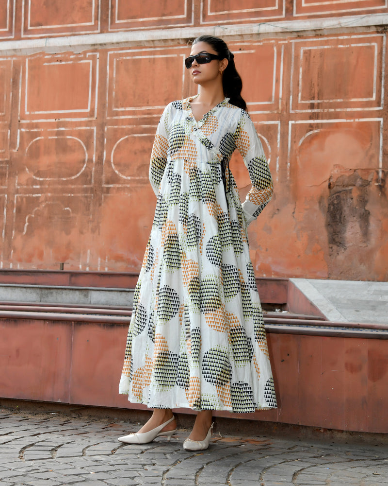 Multicolor Cotton Printed Wrap Calf-Length Dress