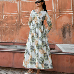 Multicolor Cotton Printed Wrap Calf-Length Dress