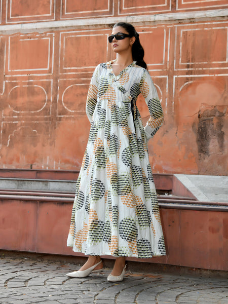 Multicolor Cotton Printed Wrap Calf-Length Dress
