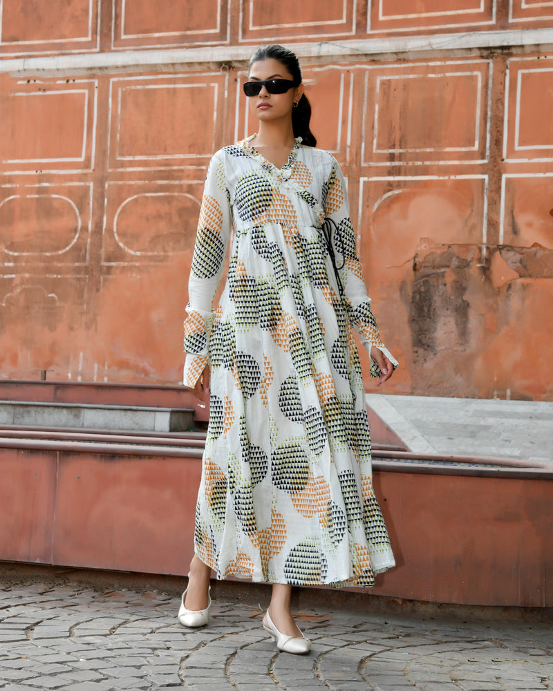 Multicolor Cotton Printed Wrap Calf-Length Dress